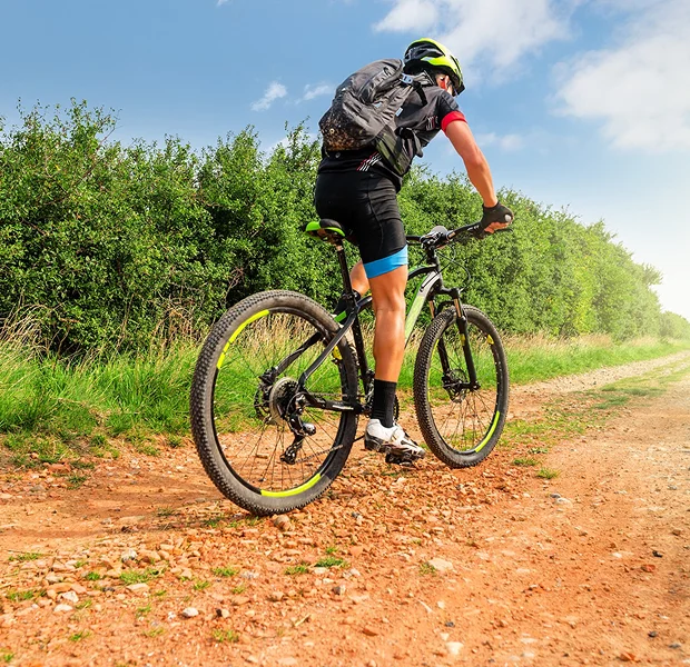Cycliste en VTT sur un chemin de terre rocailleux bordé d'arbres verts.